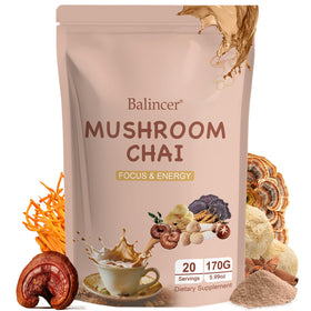 Balincer Mushroom Chai front packaging signals a premium adaptogenic blend for daily use