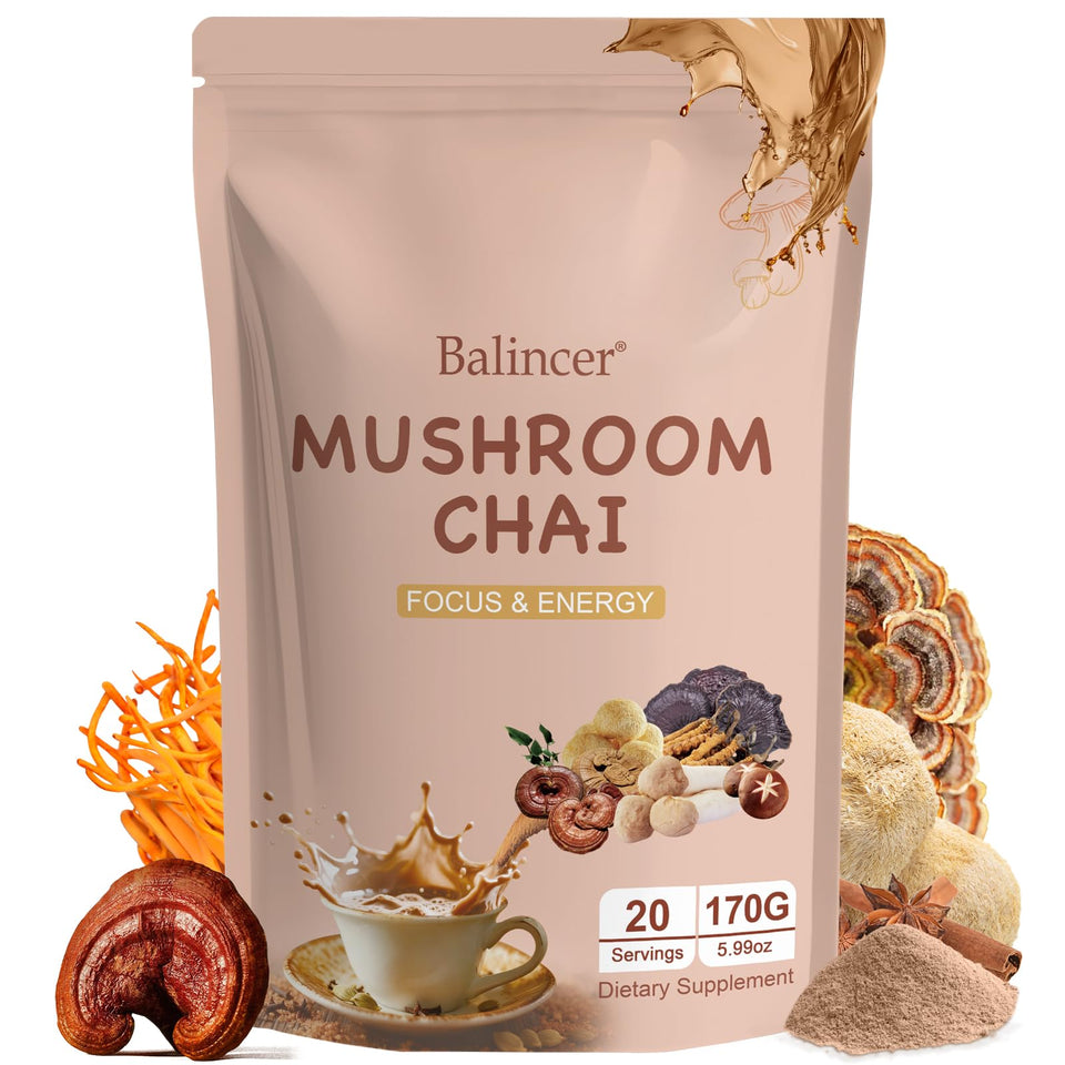 Balincer Mushroom Chai front packaging signals a premium adaptogenic blend for daily use