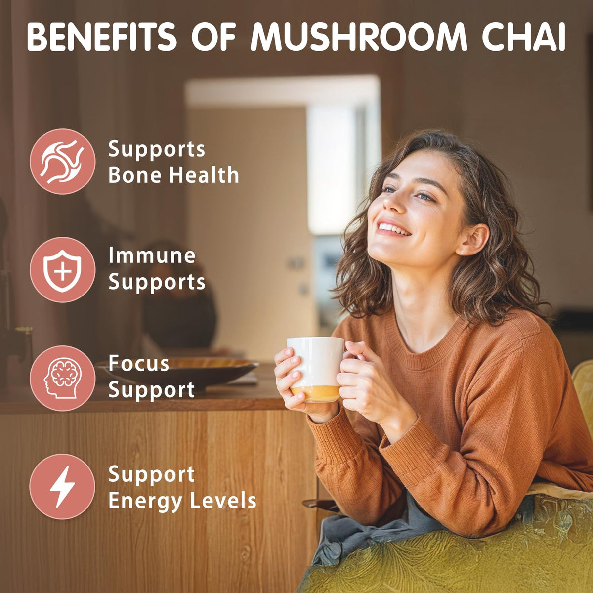 Balincer Mushroom Chai closeup shows six mushrooms in blend, highlighting variety