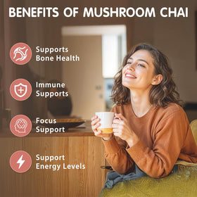 Balincer Mushroom Chai closeup shows six mushrooms in blend, highlighting variety