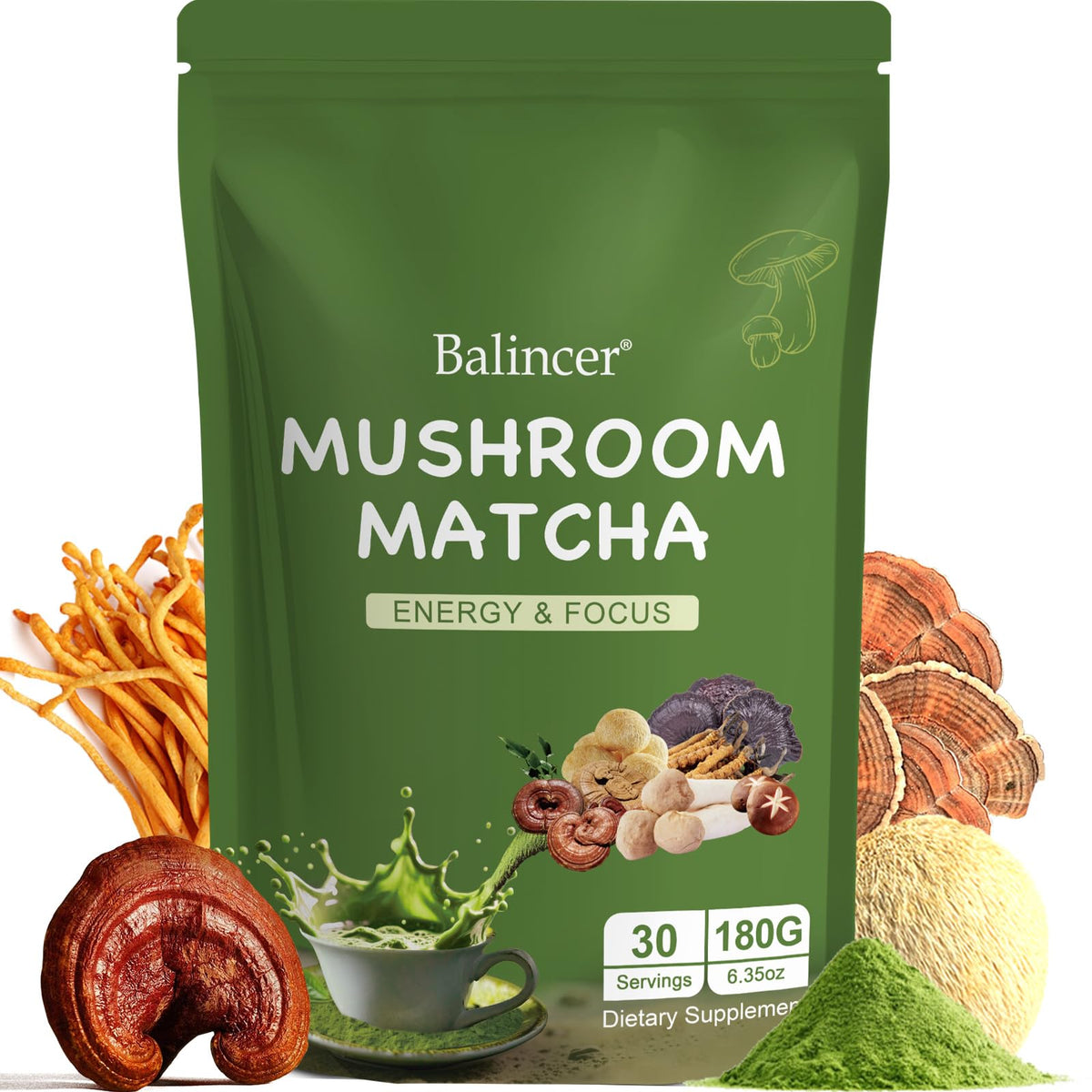 Balincer Mushroom Matcha ceremonial jar close-up showing premium blend for focused energy.