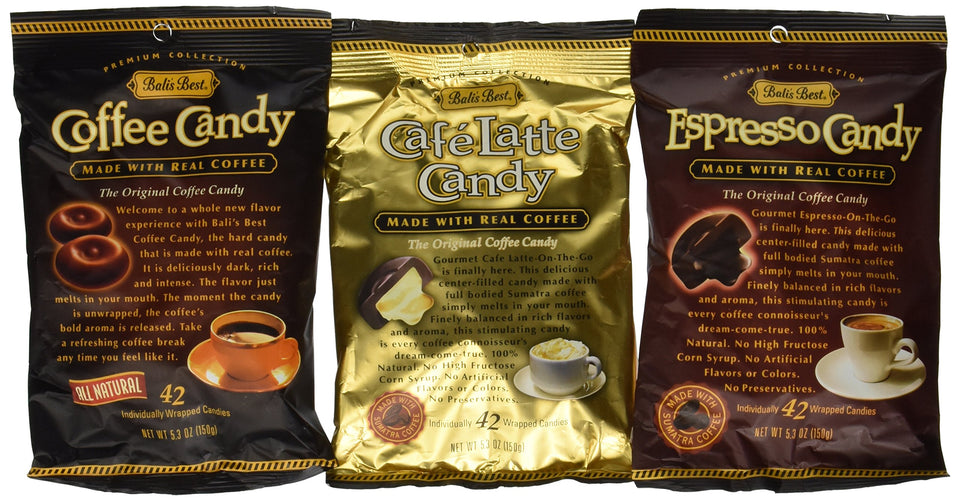 Bali's Best coffee-espresso-latte candy three-pack offers a quick flavor boost.