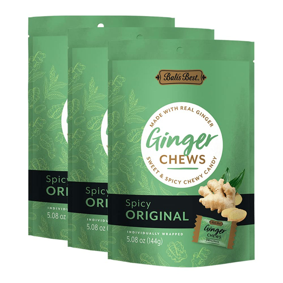 Bali's Best Ginger Chews spicy original, 3-pack for on-the-go digestion