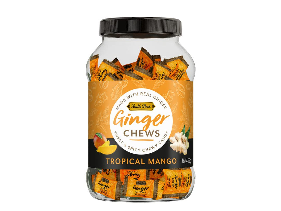 Bali's Best Ginger Chews Tropical Mango Jar—real ginger aroma and bold flavor.