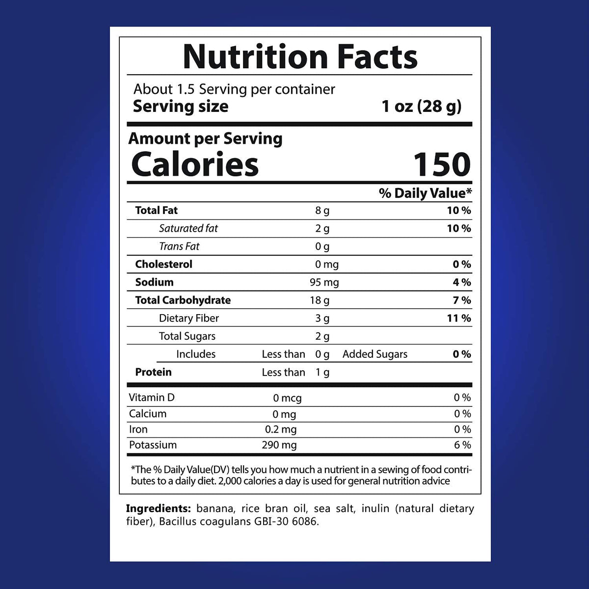 Banana Joe banana chips label probiotics highlight gut-friendly snacking.