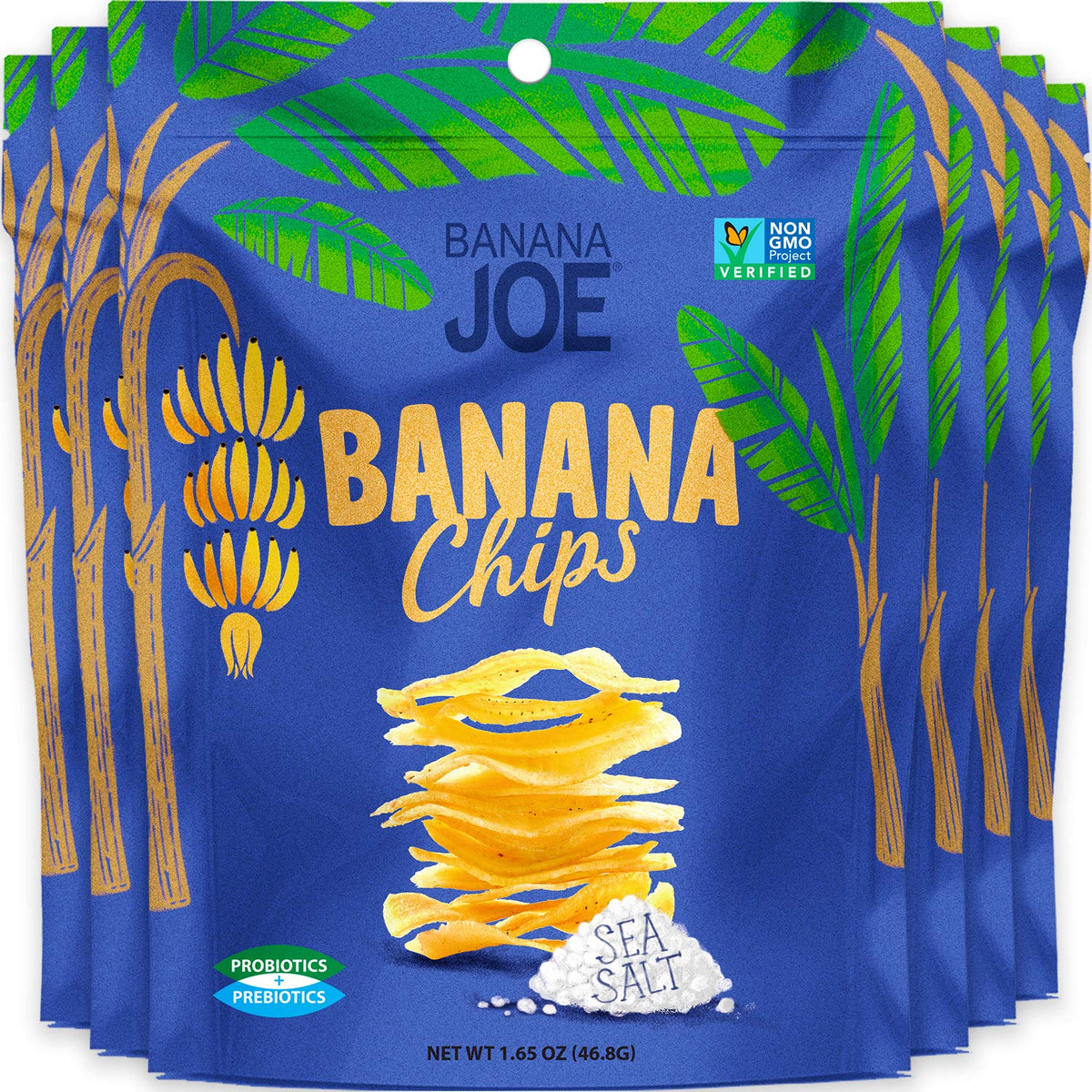 Banana Joe banana chips sea salt pack, a gluten-free, on-the-go snack.