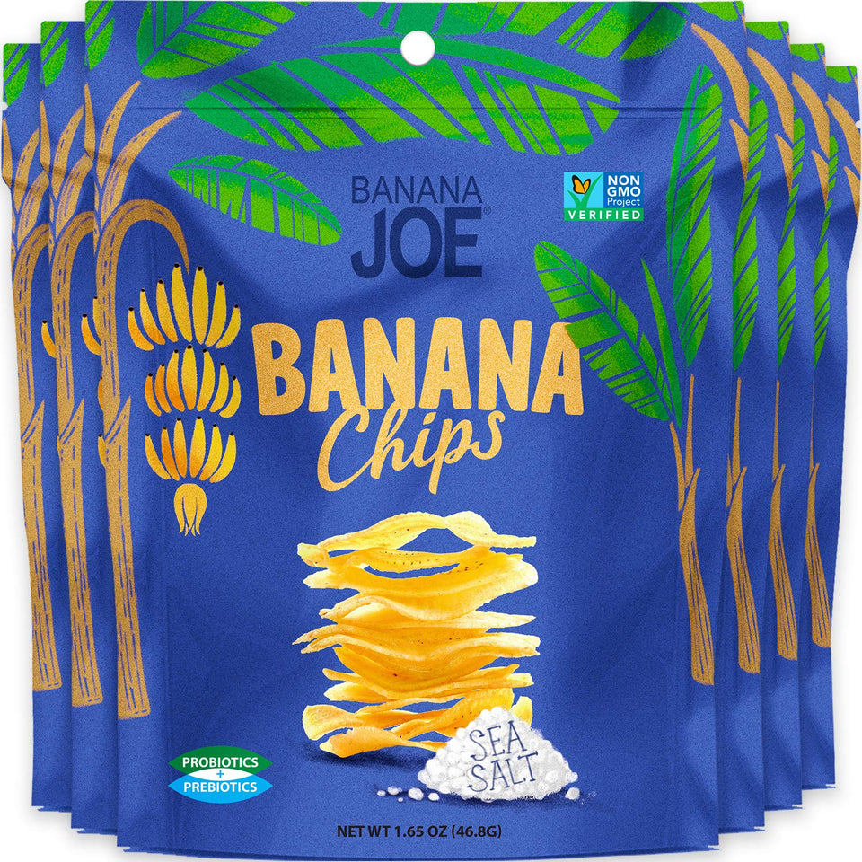 Banana Joe banana chips sea salt pack, a gluten-free, on-the-go snack.