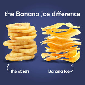 Banana Joe banana chips stack demonstrates portable snacking for adults and kids.