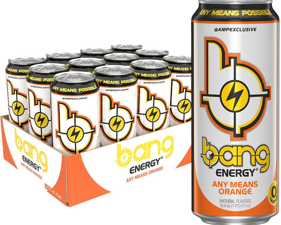 Bang Any Means Orange can side view highlighting bold citrus flavor and energy boost.