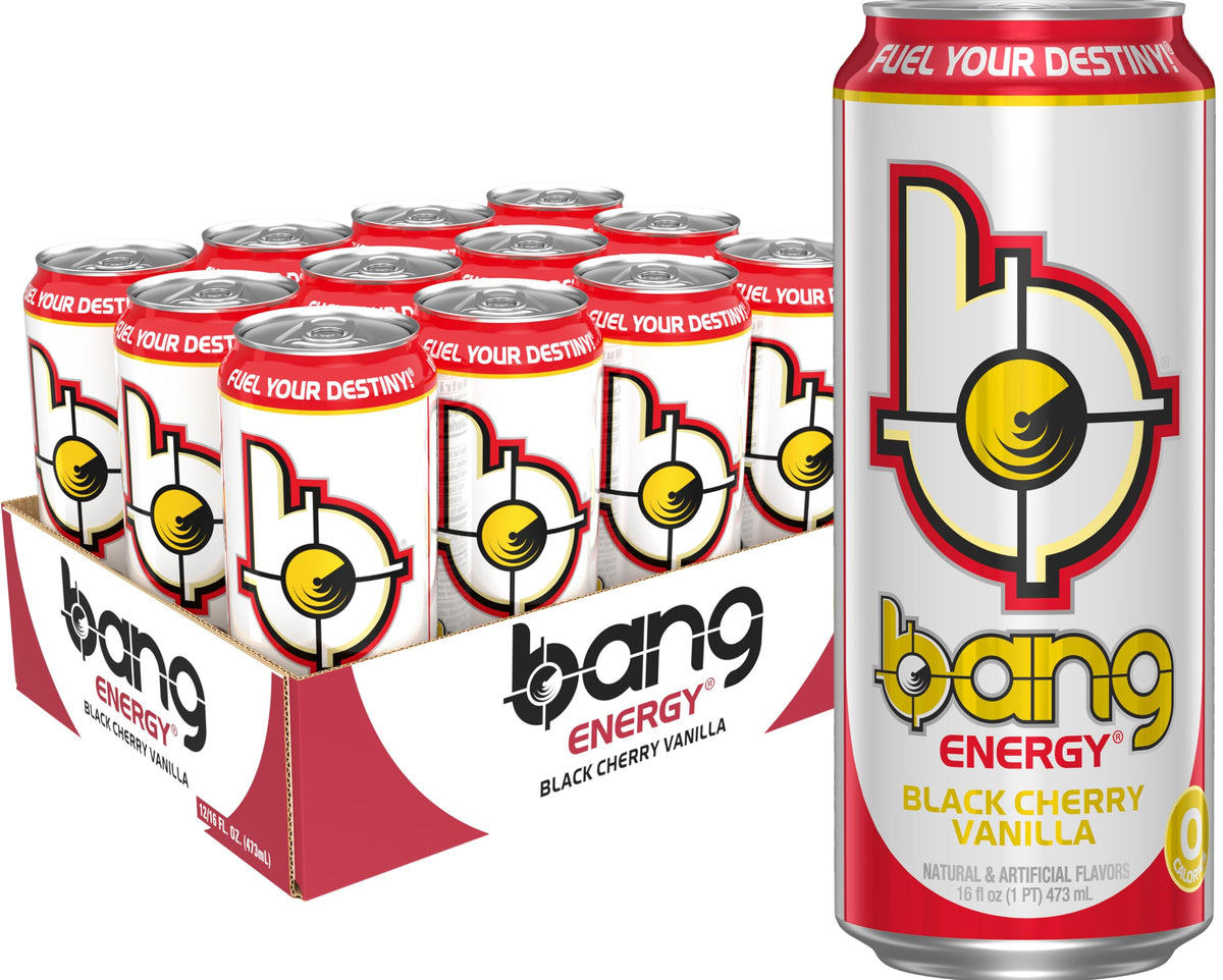 Bang Energy Black Cherry Vanilla bottle top view showing zero sugar energy for workouts
