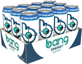 Close-up of Bang Energy Blue Razz logo highlighting energetic branding.