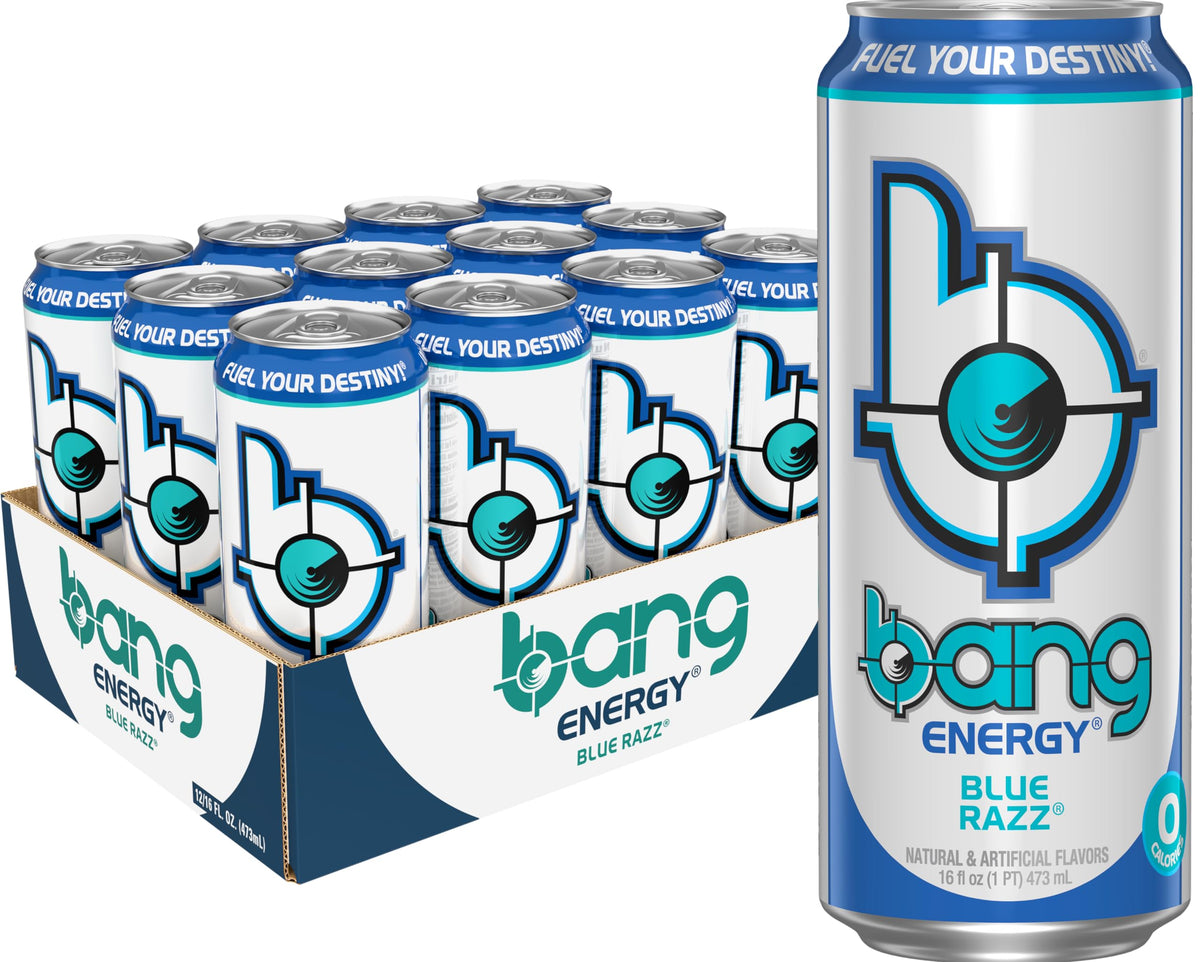 Bang Energy Blue Razz can for on-the-go energy and branding.