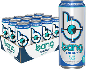 Bang Energy Blue Razz pour into glass shows vibrant color and flavor.
