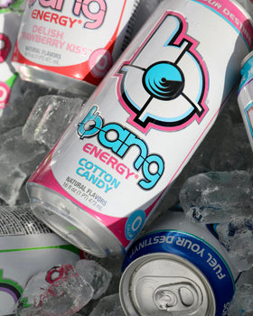 Bang Energy Cotton Candy label close-up showing caffeine and vegan-friendly ingredients.