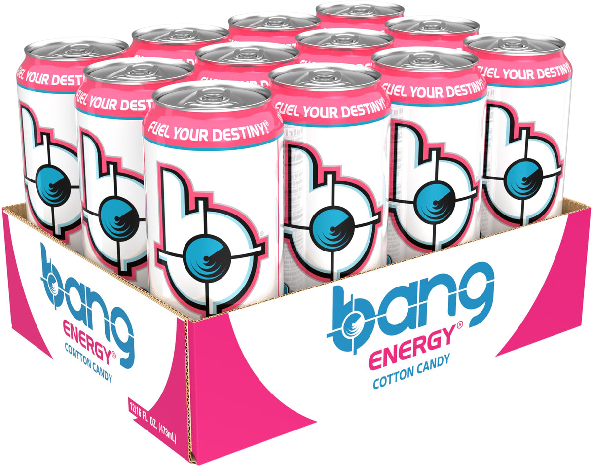 Bang Energy Cotton Candy nutrition panel highlights gluten-free and vegan-friendly options.