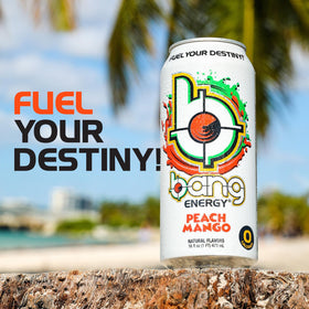Gluten-free and vegan-friendly Bang Energy Peach Mango can for inclusive diets