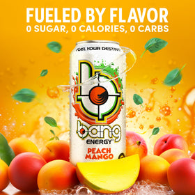 Hand holding Bang Energy Peach Mango can for quick endurance boost