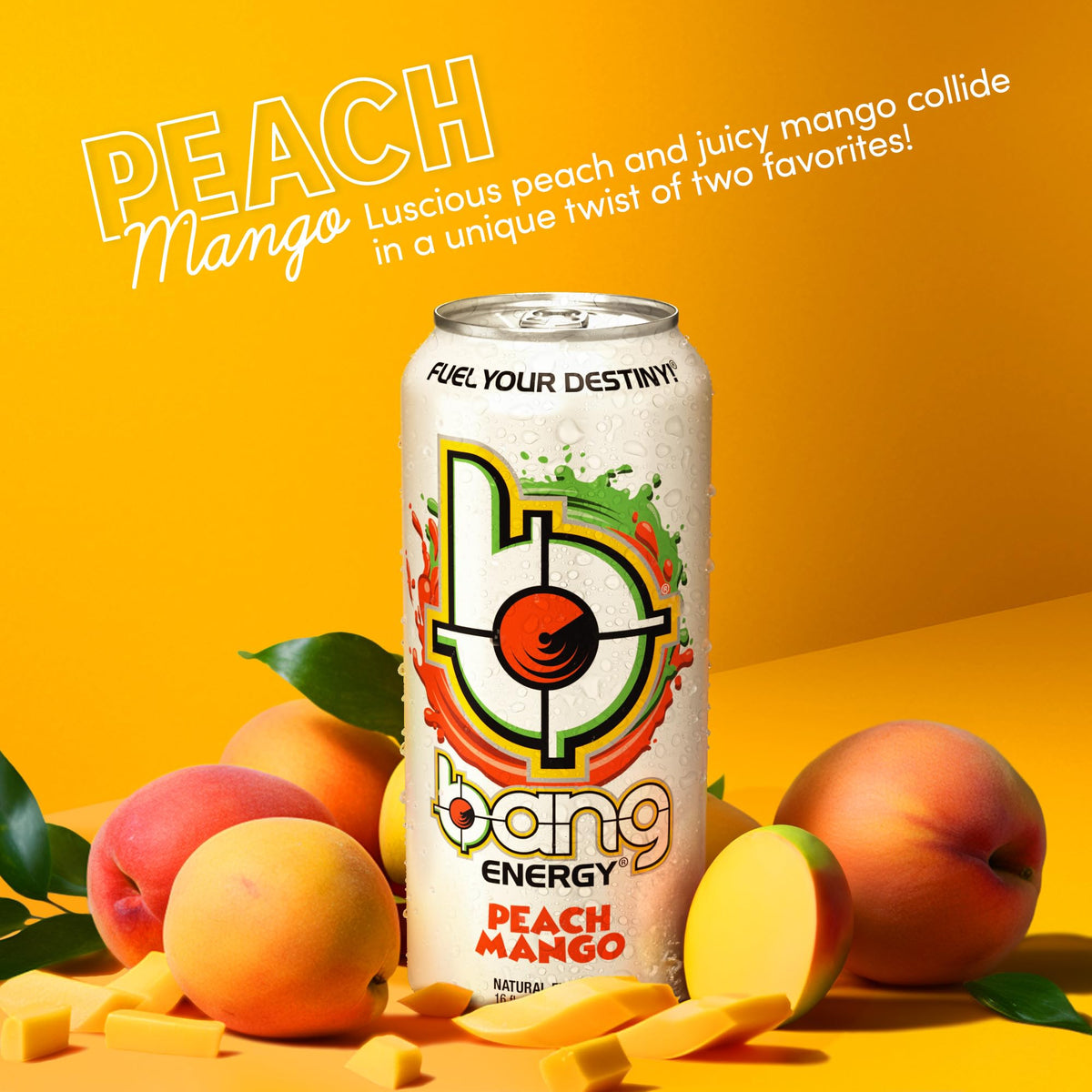 Bang Energy Peach Mango being poured into a glass for an energizing sip