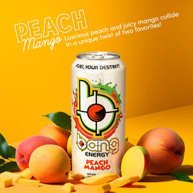 Bang Energy Peach Mango being poured into a glass for an energizing sip