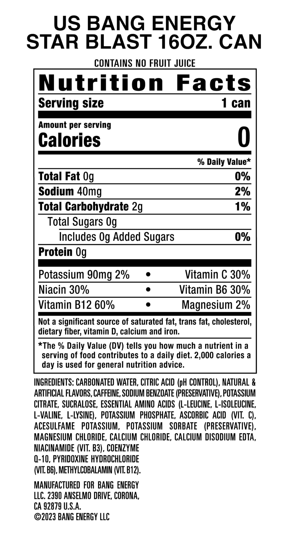 Bang Energy Star Blast vegan and gluten-free icons for dietary compatibility.