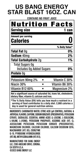 Bang Energy Star Blast vegan and gluten-free icons for dietary compatibility.