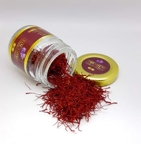 Banu Saffron all-red organic saffron threads in a glass jar for lasting aroma.