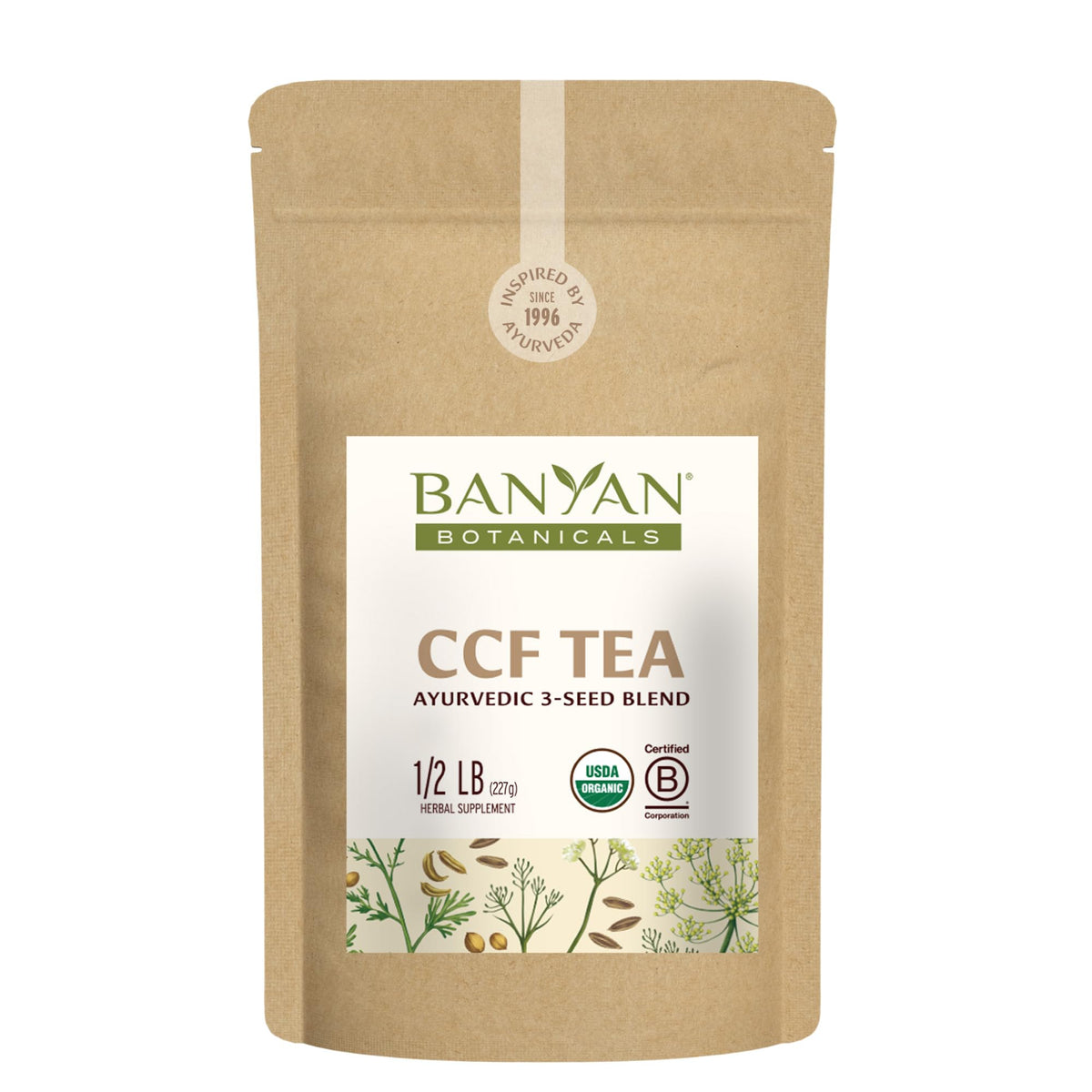 Banyan Botanicals CCF Tea leaves closeup for digestive comfort.
