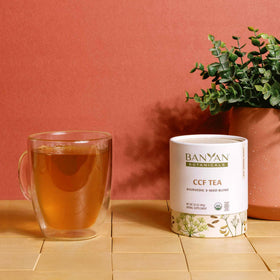 Banyan Botanicals CCF Tea organic label highlights non-GMO sourcing and sustainability.