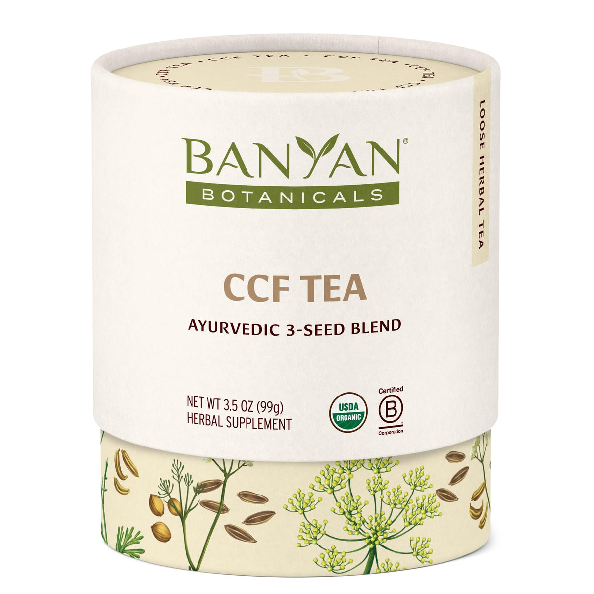 Banyan Botanicals CCF Tea packet front shows organic packaging and digestive-friendly blend.