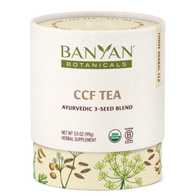 Banyan Botanicals CCF Tea packet front shows organic packaging and digestive-friendly blend.