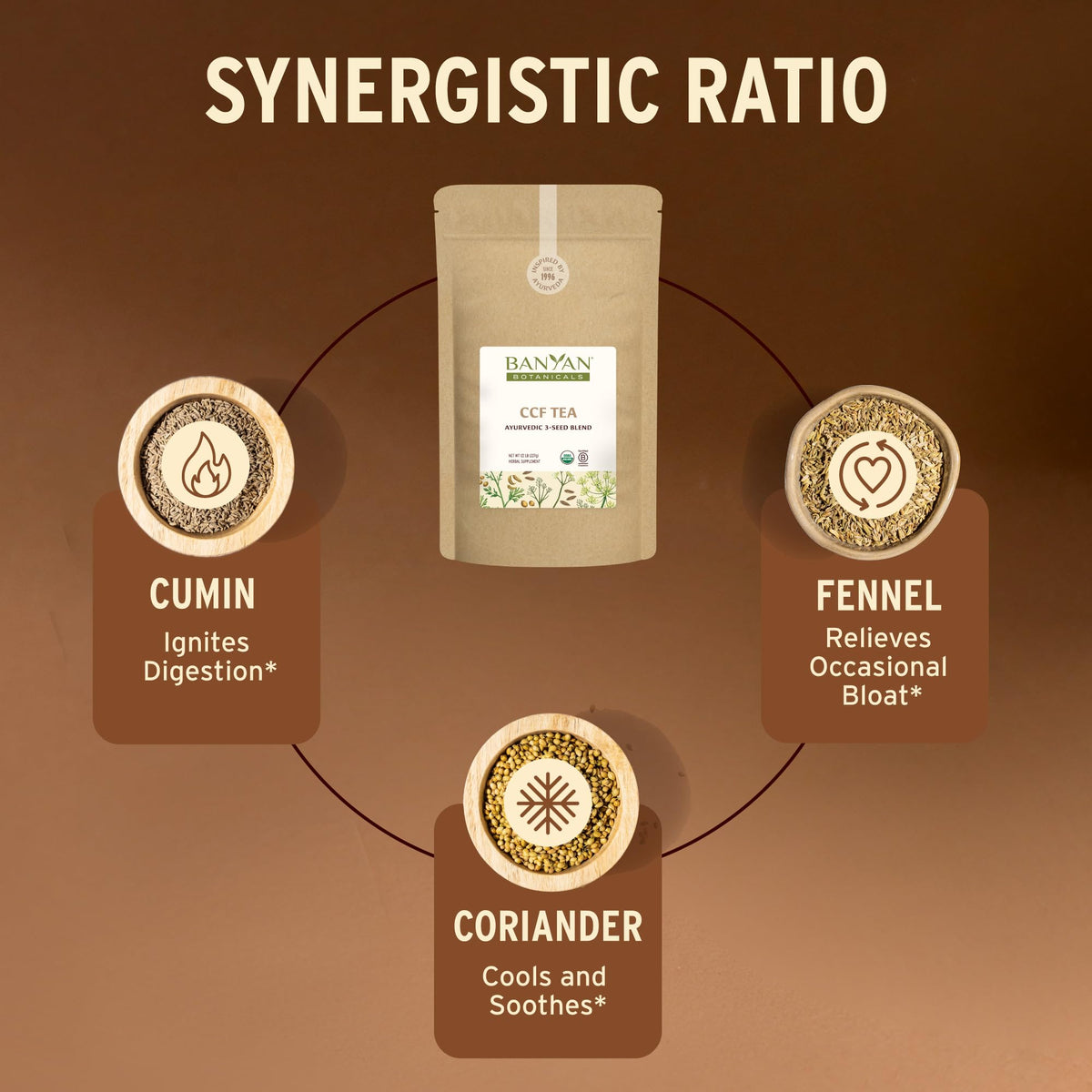 Banyan Botanicals CCF Tea spice seed mix highlights cumin, coriander, fennel aroma.