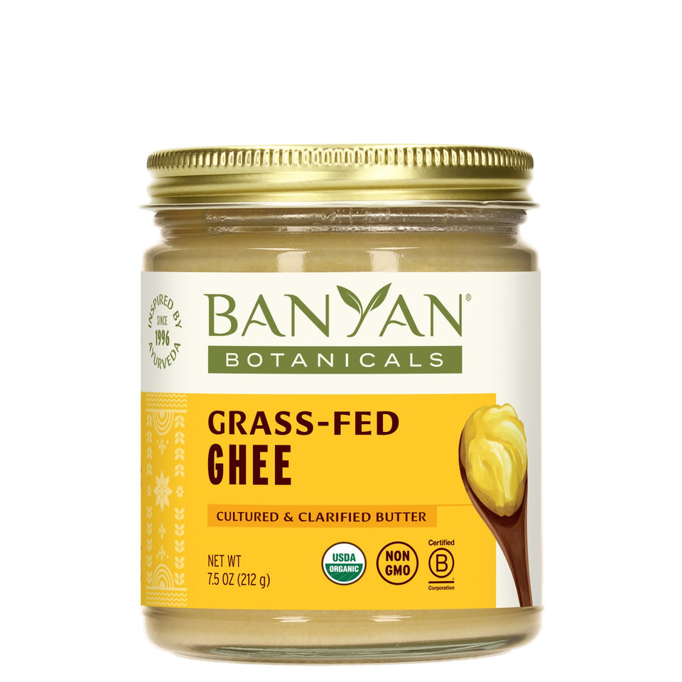 Banyan Botanicals ghee bottle front view for cooking.