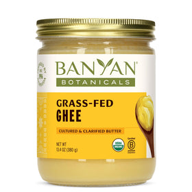 Banyan Botanicals ghee in a jar, ready for high-heat cooking and baking.