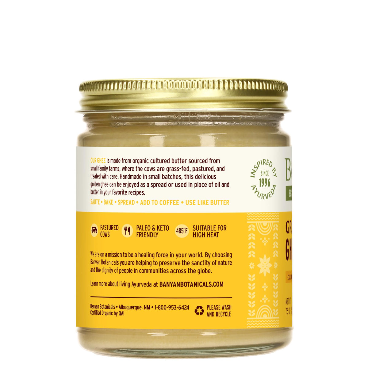 Banyan Botanicals ghee packaging emphasizing eco-friendly, non-GMO attributes.