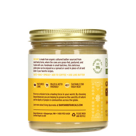 Banyan Botanicals ghee packaging emphasizing eco-friendly, non-GMO attributes.