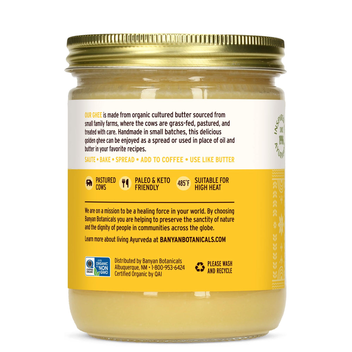 Banyan Botanicals ghee being poured, showcasing smooth clarified butter for sautéing.
