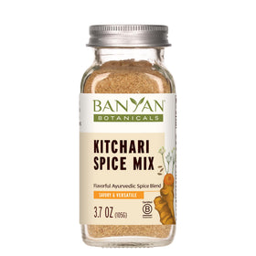 Banyan Botanicals Kitchari Spice Mix bottle front shows organic ingredients for gut friendly flavor