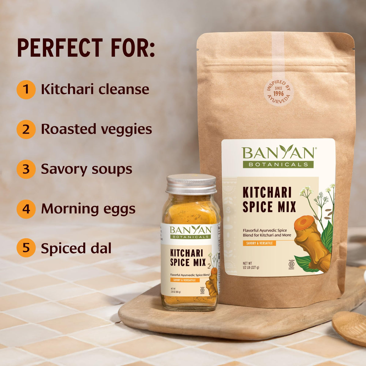 Banyan Botanicals Kitchari Spice Mix ingredients closeup highlights turmeric cumin and ginger aroma