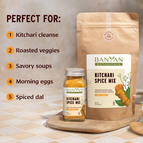 Banyan Botanicals Kitchari Spice Mix ingredients closeup highlights turmeric cumin and ginger aroma