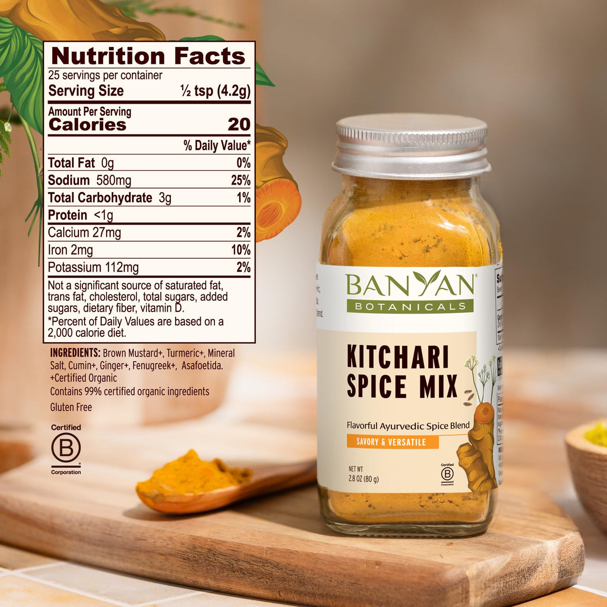 Banyan Botanicals Kitchari Spice Mix jar label closeup emphasizes pure herbs