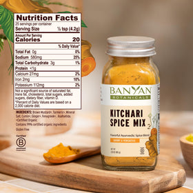 Banyan Botanicals Kitchari Spice Mix jar label closeup emphasizes pure herbs