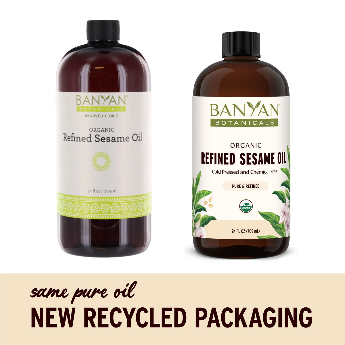 Banyan Botanicals refined sesame oil bottle label highlighting organic purity
