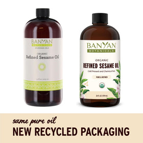 Banyan Botanicals refined sesame oil bottle label highlighting organic purity