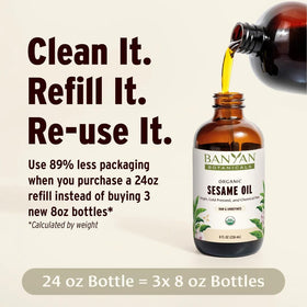Banyan Botanicals sesame oil in amber glass bottle with warming aroma