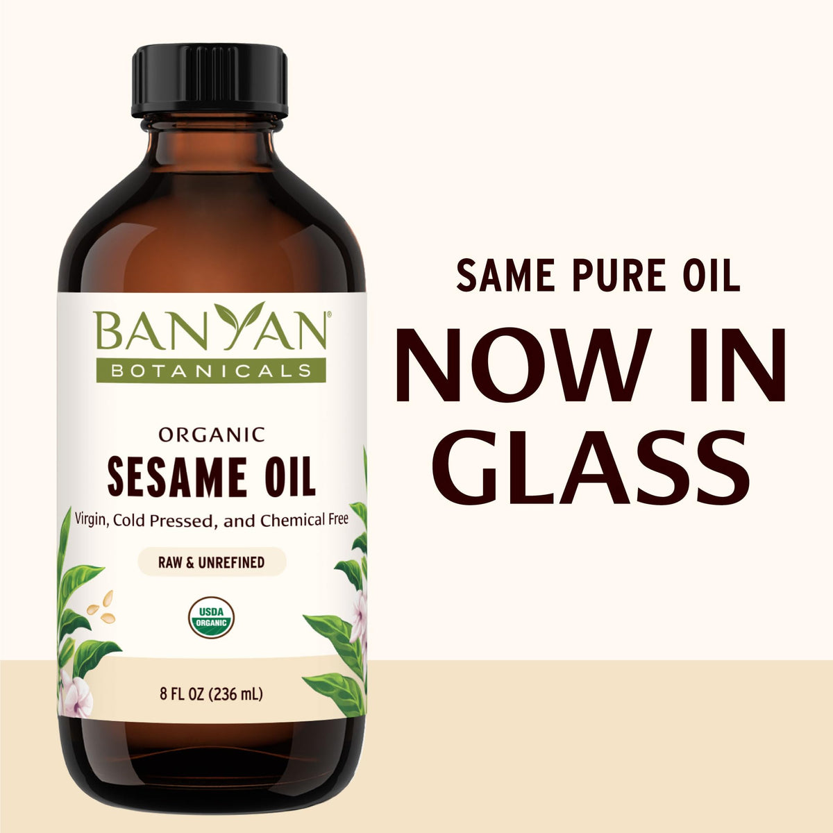 Banyan Botanicals sesame oil flatlay with ingredients highlighting sourcing