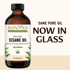 Banyan Botanicals sesame oil flatlay with ingredients highlighting sourcing