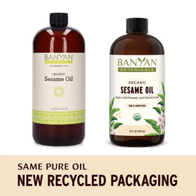 Banyan Botanicals sesame oil being poured for warm self-massage and skin nourishment