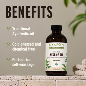 Banyan Botanicals sesame oil on skin providing deep moisture and glow