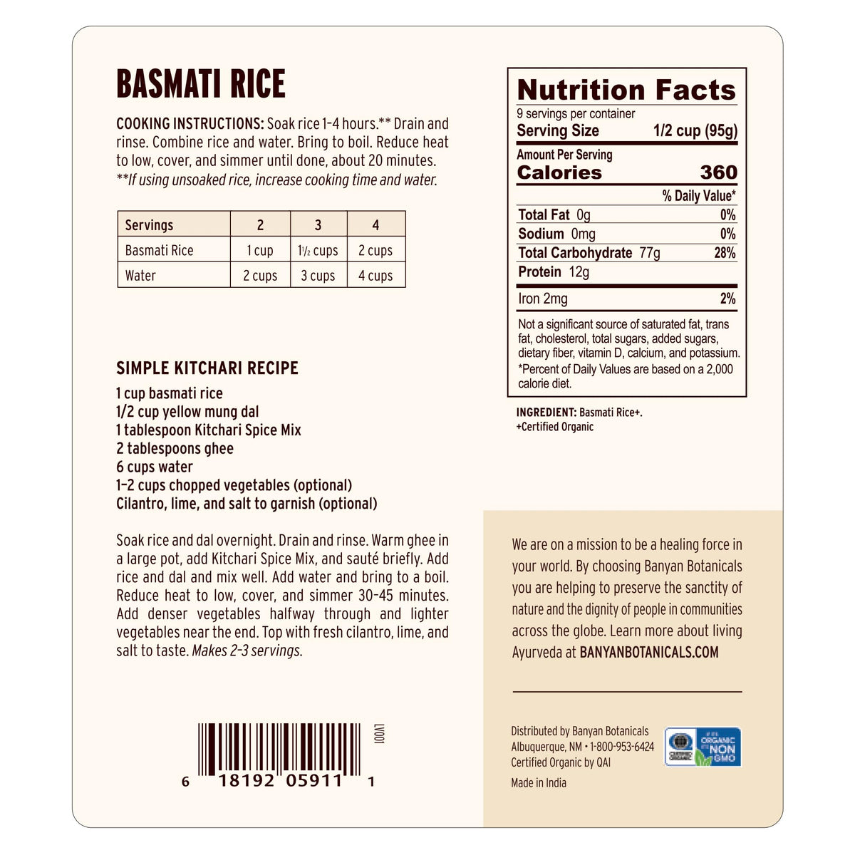 Kitchari-ready Banyan Botanicals Basmati Rice complements vegetables and spices