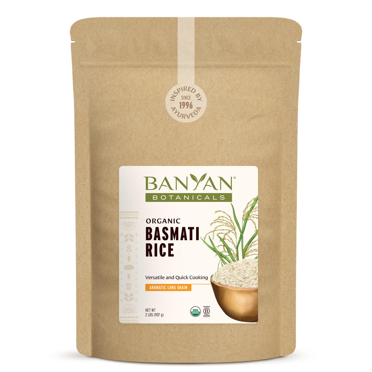Banyan Botanicals White Basmati Rice in resealable bag for pantry storage